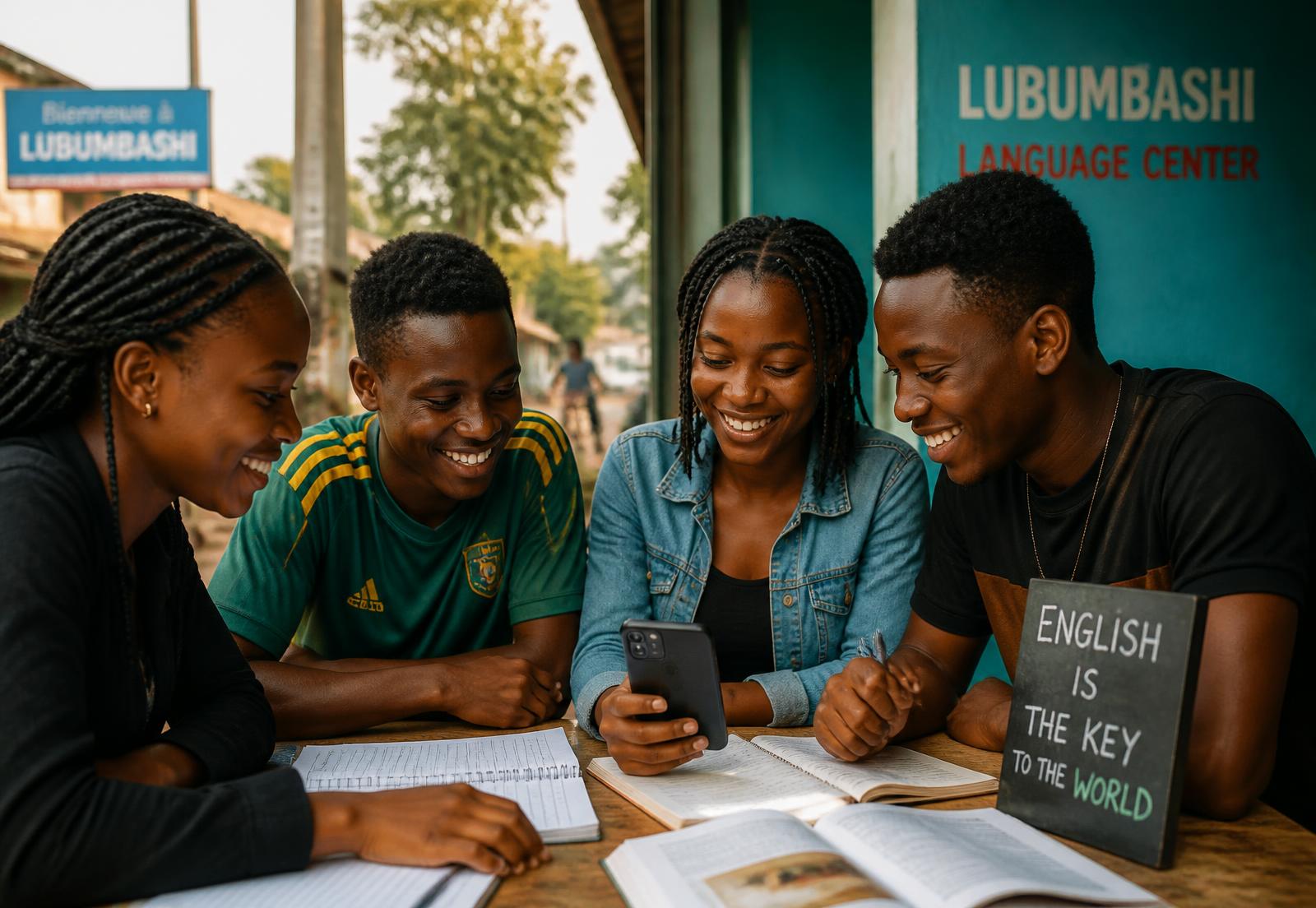 Students in Lubumbashi learning English together with a phone and notebooks